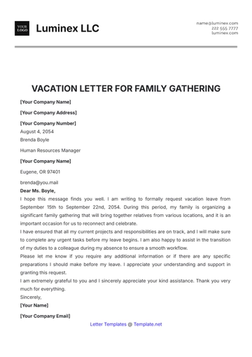 Free Vacation Letter for Family Gathering Template to Edit Online