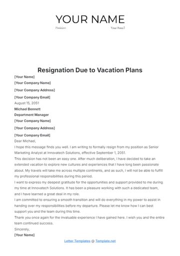 Free Resignation Due to Vacation Plans Template to Edit Online