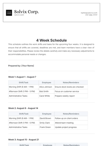 Free 4 Week Schedule Template to Edit Online