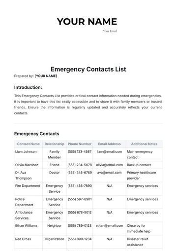 Free Emergency Contacts List Template