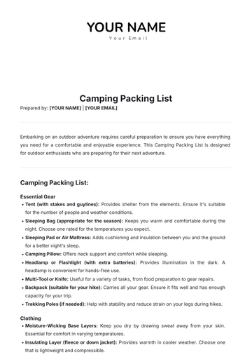 Free Camping Packing List Template to Edit Online