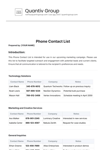 Free Phone Contact List Template