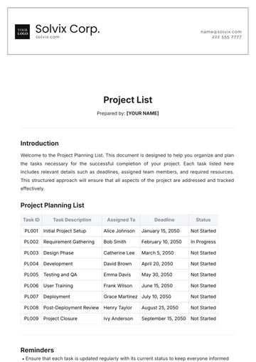 Free Project List Template to Edit Online