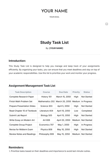 Free Study Task List Template to Edit Online
