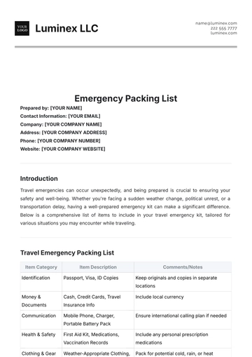 Free Emergency Packing List Template to Edit Online