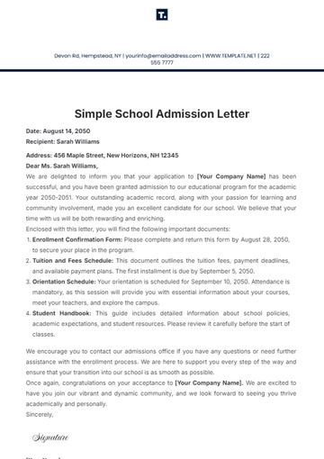 Free Simple School Admission Letter Template to Edit Online