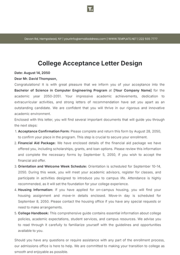 Free College Acceptance Letter Design Template to Edit Online