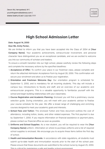 Free High School Admission Letter Template to Edit Online