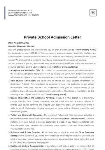 Free Private School Admission Letter Template to Edit Online
