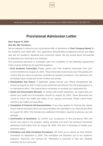 Free Provisional Admission Letter Template to Edit Online