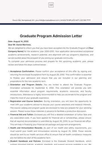 Free Graduate Program Admission Letter Template to Edit Online