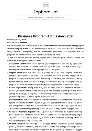 Free Business Program Admission Letter Template to Edit Online