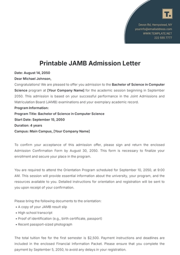 Free Printable JAMB Admission Letter Template to Edit Online