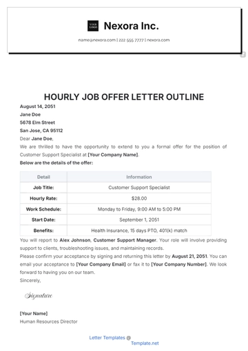 Free Hourly Job Offer Letter Outline Template to Edit Online