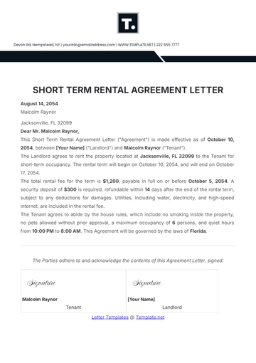 Free Short-Term Rental Agreement Letter Template to Edit Online