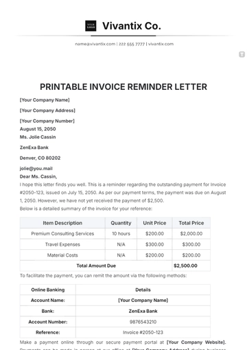 Free Printable Invoice Reminder Letter Template to Edit Online