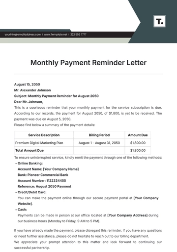 Free Monthly Payment Reminder Letter Template to Edit Online