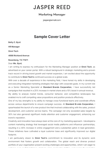 Free Sample Cover Letter Template to Edit Online