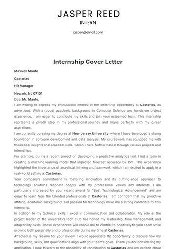 Free Internship Cover Letter Template to Edit Online