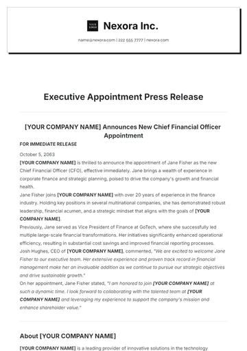 Free Executive Appointment Press Release Template to Edit Online