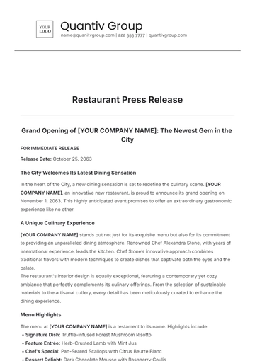 Free Restaurant Press Release Template to Edit Online