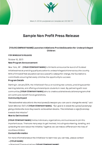 Free Sample Non Profit Press Release Template to Edit Online