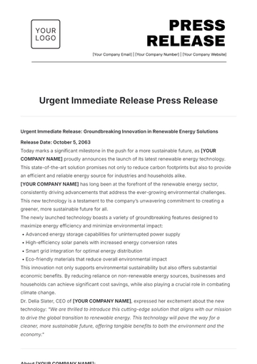 Free Urgent Immediate Release Press Release Template to Edit Online