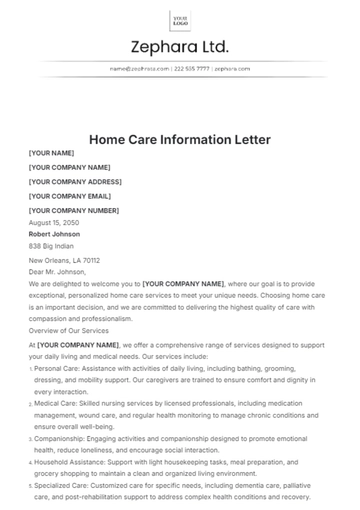 Free Home Care Information Letter Template to Edit Online