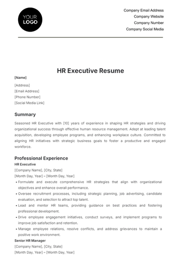 Free HR Executive Resume Template to Edit Online