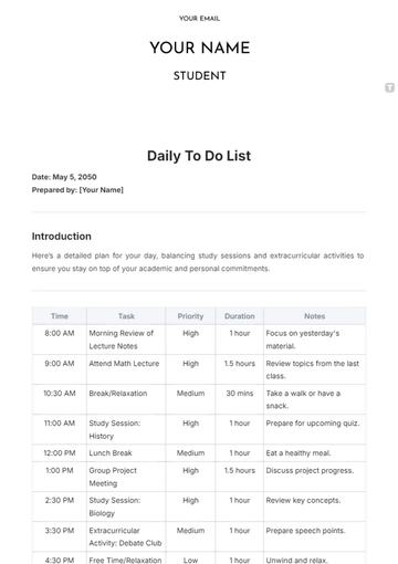 Free Daily To Do List Template to Edit Online