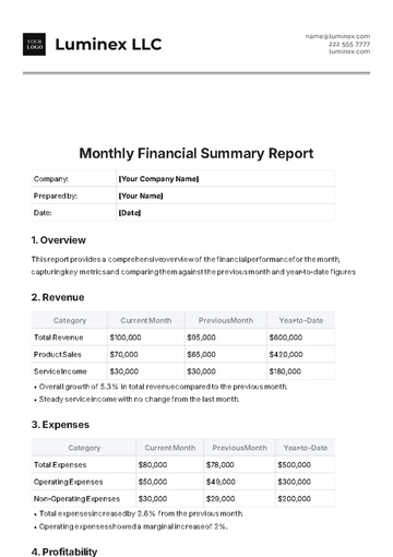 Free Monthly Financial Summary Report Template to Edit Online