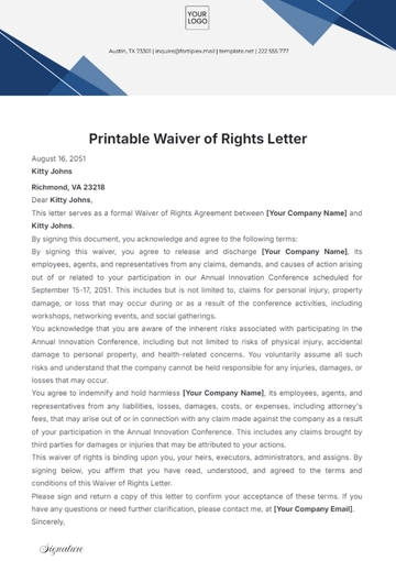 Free Printable Waiver of Rights Letter Template to Edit Online