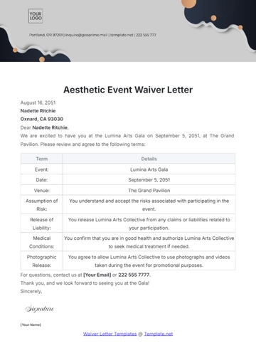 Free Aesthetic Event Waiver Letter Template to Edit Online