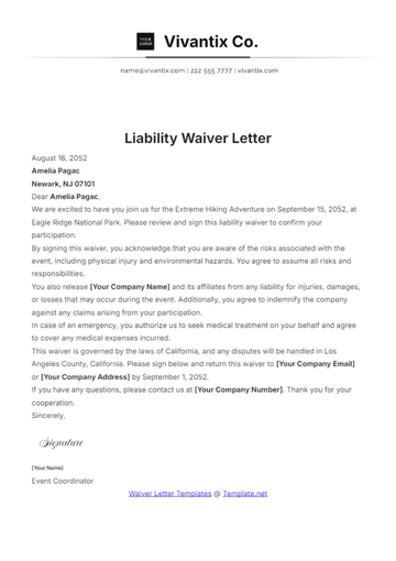 Free Liability Waiver Letter Template to Edit Online