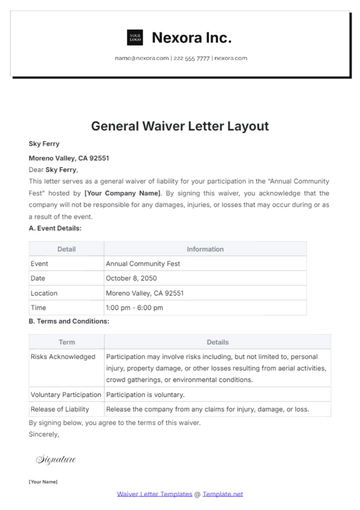 Free General Waiver Letter Layout Template to Edit Online