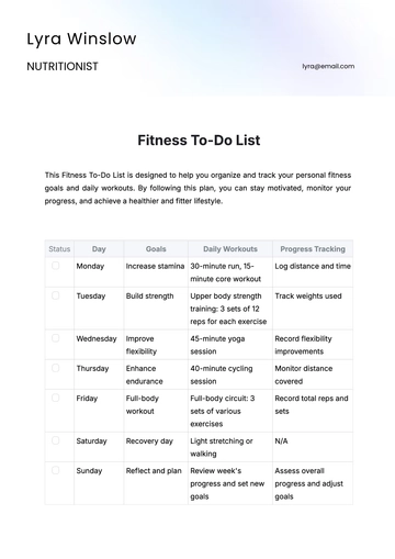 Free Fitness To Do List Template to Edit Online | Template.net
