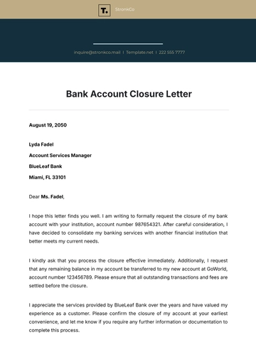 Free Bank Account Closure Letter Template to Edit Online