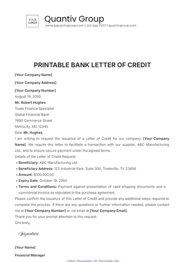 Free Printable Bank Letter of Credit Template to Edit Online