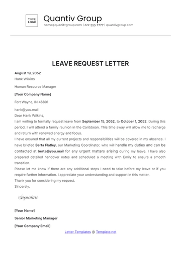 Free Leave Request Letter Template to Edit Online