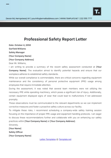 Free Professional Safety Report Letter Template to Edit Online