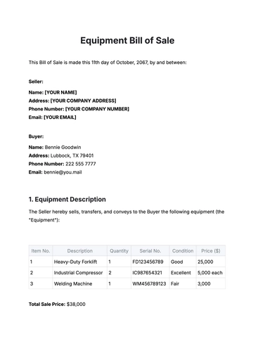 Free Equipment Bill of Sale Template to Edit Online