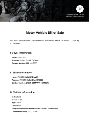 Free Motor Vehicle Bill of Sale Template to Edit Online