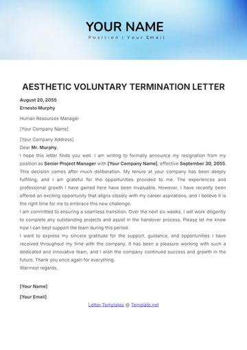 Free Aesthetic Voluntary Termination Letter Template to Edit Online