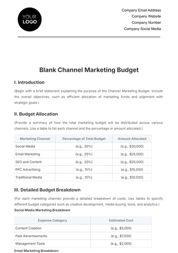 Free Blank Channel Marketing Budget Template to Edit Online