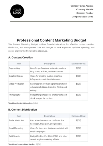 Free Professional Content Marketing Budget Template to Edit Online