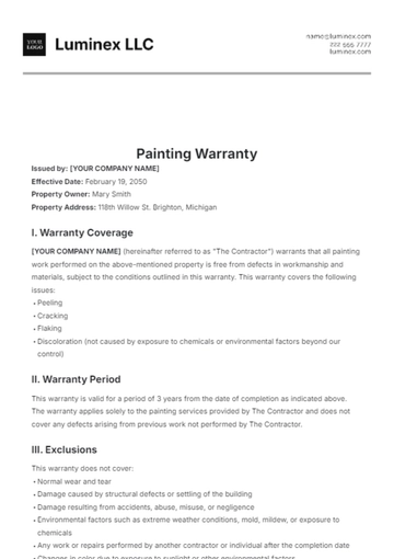 Free Painting Warranty Template to Edit Online