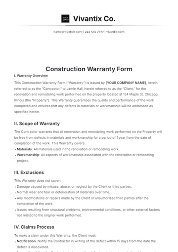 Free Construction Warranty Form Template to Edit Online