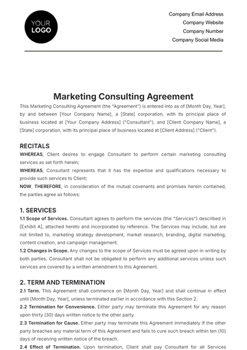 Free Marketing Consulting Agreement Design Template to Edit Online