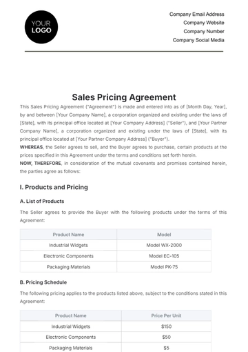 Free Sales Pricing Agreement Template to Edit Online