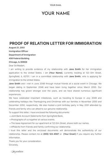 Free Proof of Relationship Letter for Immigration Template to Edit Online